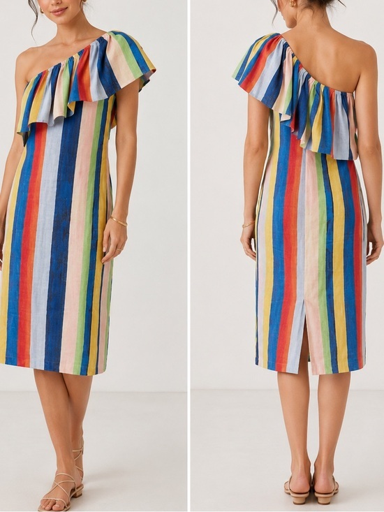 Mara Hoffman Dresses & Skirts - Mara Hoffman Ray Rainbow Stripe One-Shoulder Linen Midi Dress